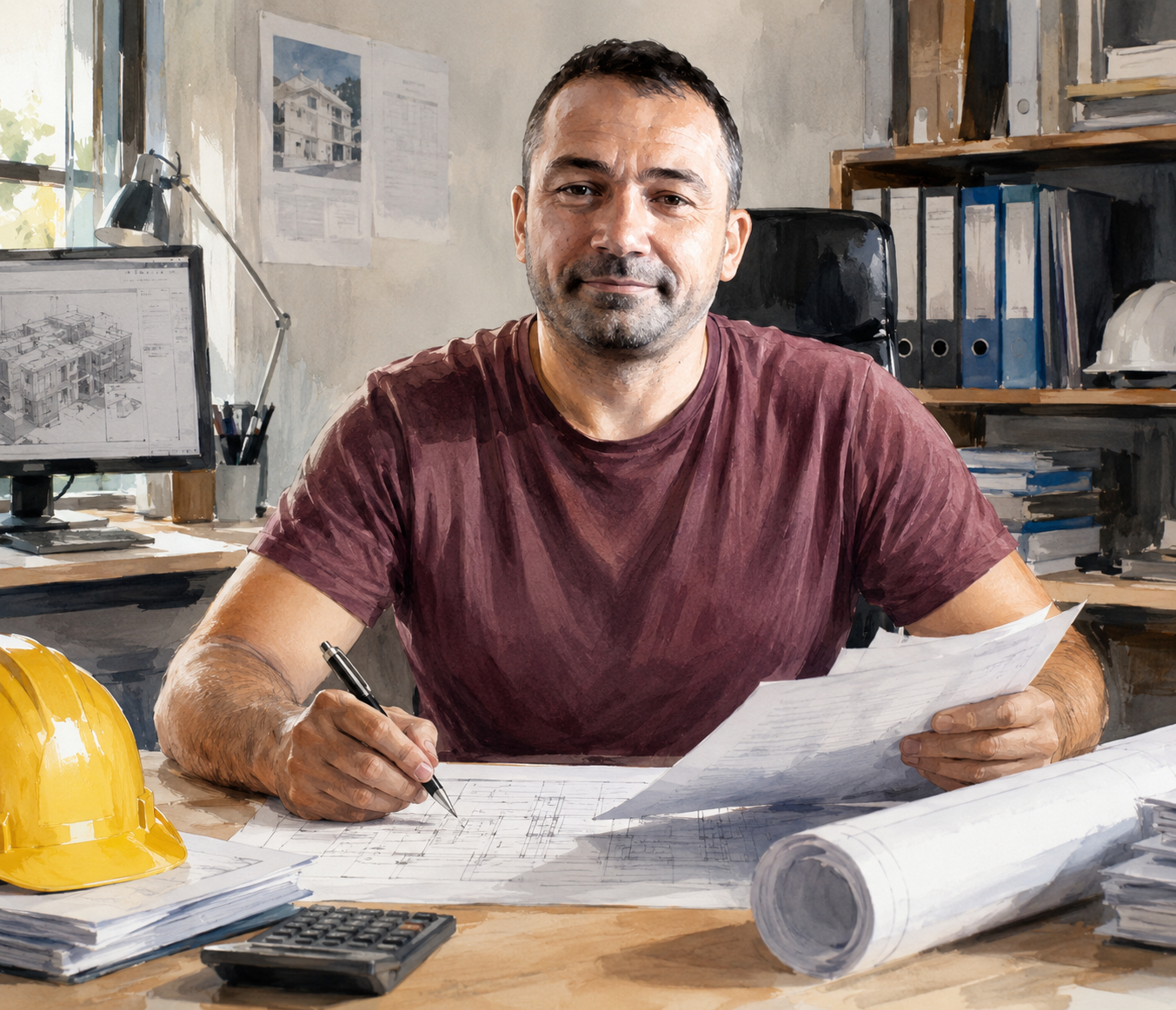 Laurent Caminiti, gérant de TSB, au bureau devant des plans de chantier